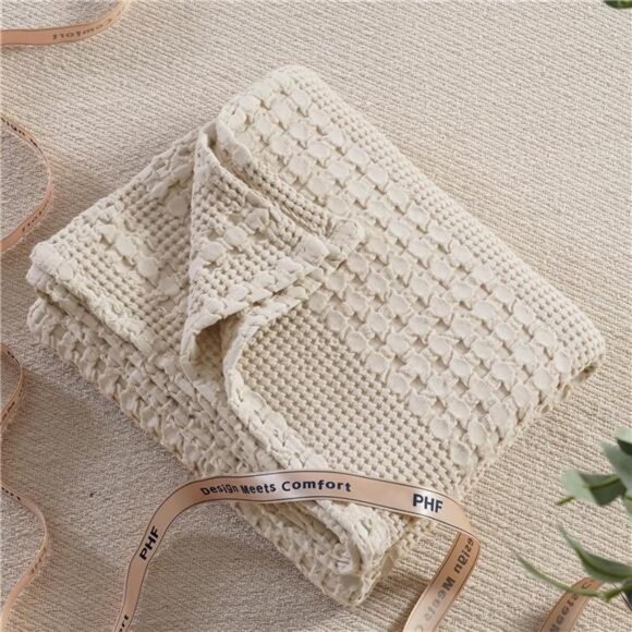 100% Cotton Waffle Weave Throw Blanket, Soft Lightweight Breathable Cozy - Picture 6 of 7